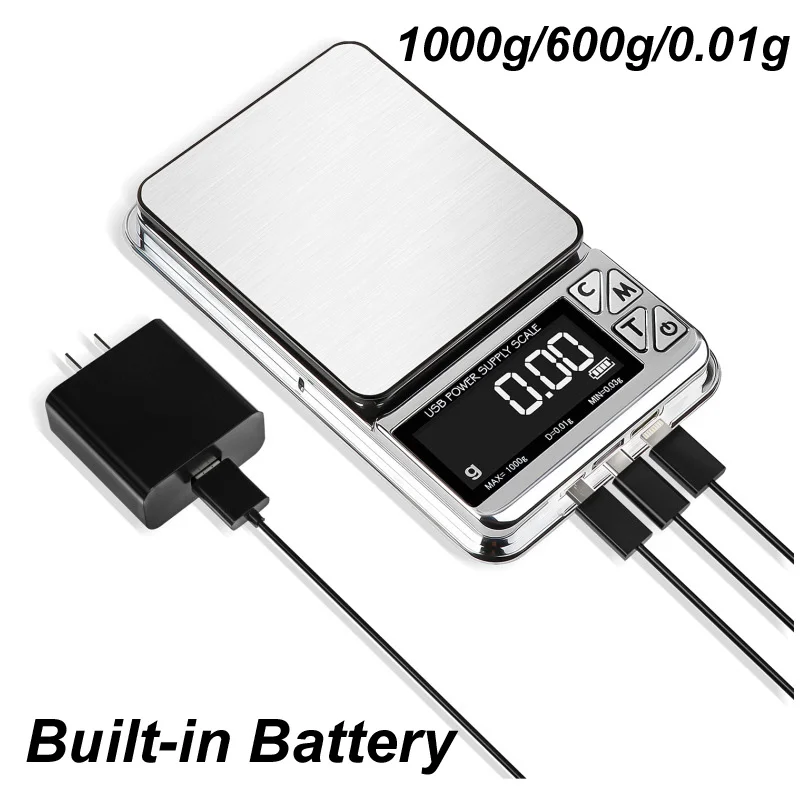 Electronic Type-C Micro USB Digital Scale Precision 1000g/600g 0.01g LCD Jewelry Balance Scales Rechargeable Built-in Battery