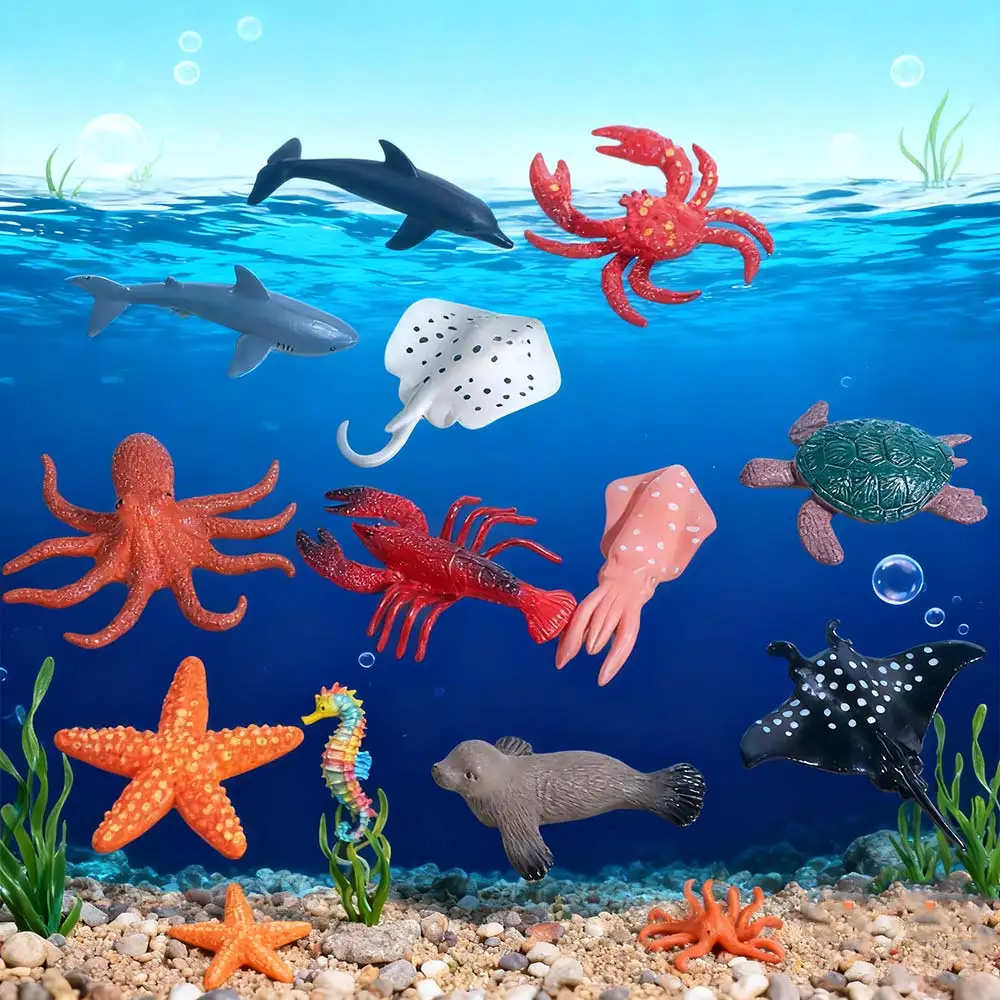 12pcs Plastic Sea Life Animals Model Shark Turtle Crab Starfish Ocean Animals Ornaments Handmad Multicolor - view 3