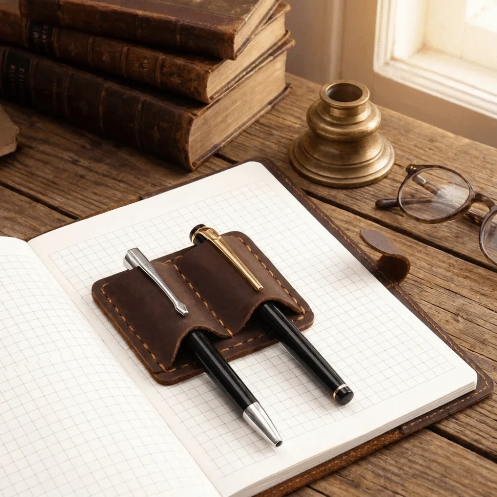 Picture 5: Double Vintage Leather Pen Loop Holder Metal Clip Elegant Retro Pen Holder Dual Pen Slots Anti-lost Leather Pen Clip Stationery