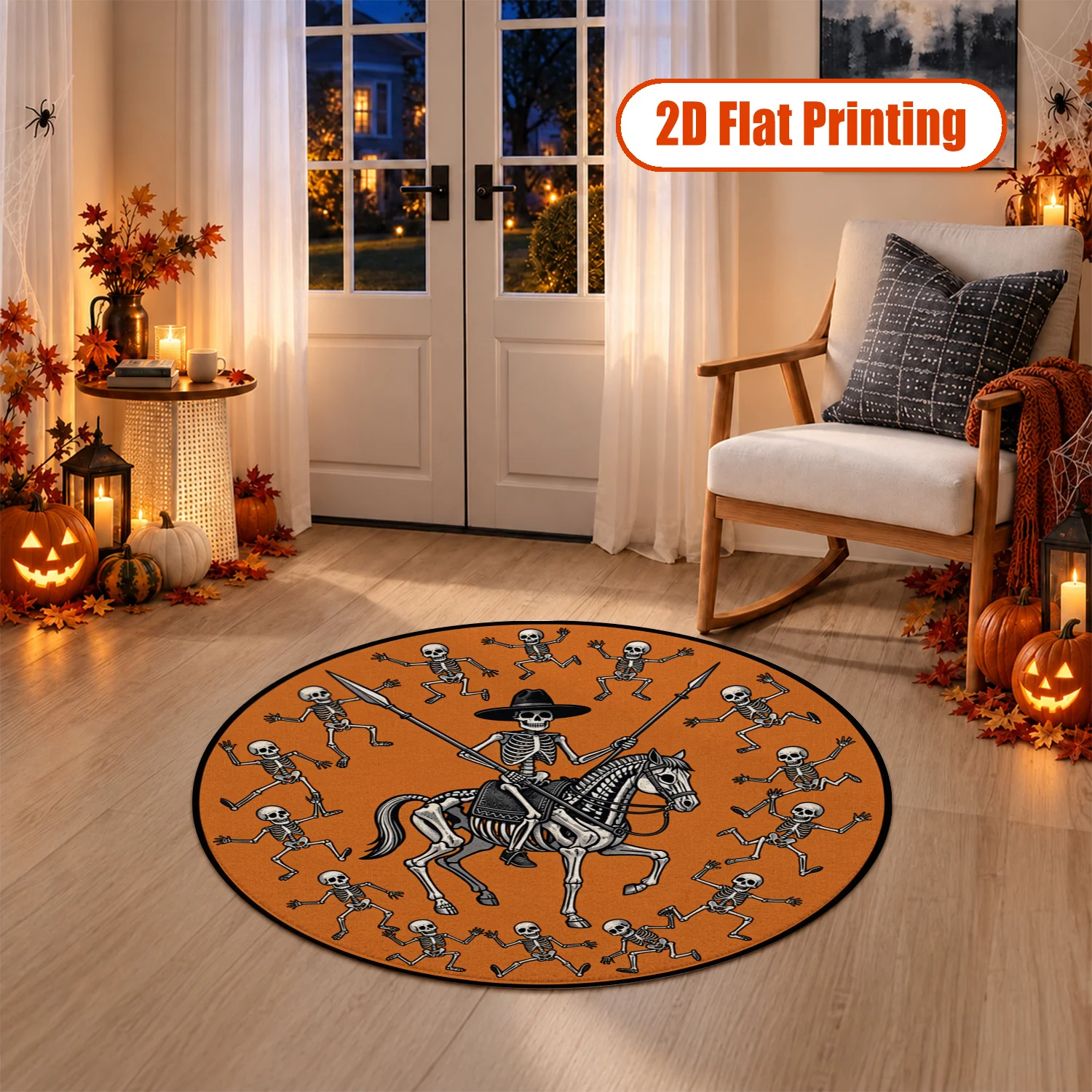Halloween Skeleton Rider and Dancing Skeletons Pattern Round Velvet Rug Machine Washable Great for Living Room Bedroom Entryway Dining Area Ideal for Halloween Thanksgiving Black Friday Christmas New Year