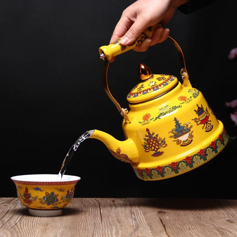 Enameled Teakettle with Ceramic Handle,Tibet good luck yellowTea Kettle for Stovetop/induction cooke Hot Water No Whistling 2.4L