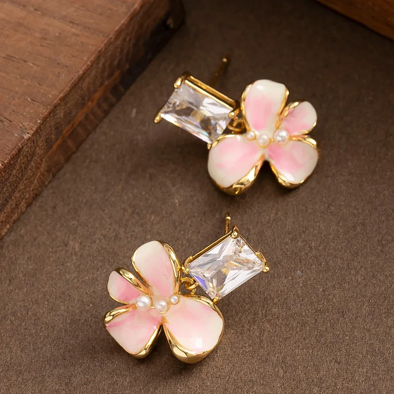 Forest style sweet temperament fairy style enamel drop glaze pearl petal earrings light luxury high-end commuter earrings