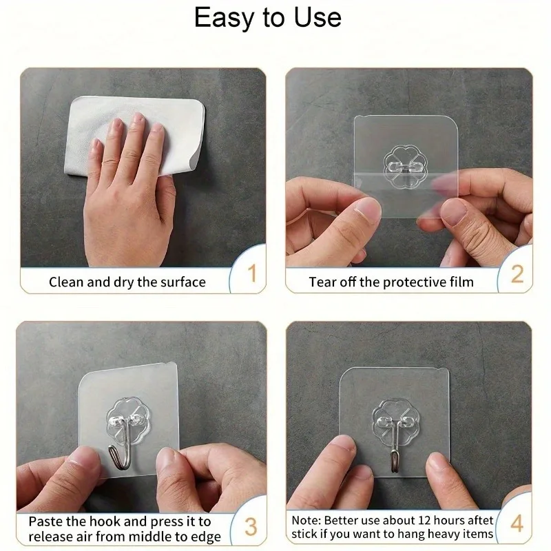 Transparent Scratch-Free Self Adhesive Hooks, Wall Mounted Heavy Duty Hooks for Bathroom Clothes, Living Room Door & Photo Frame view 5