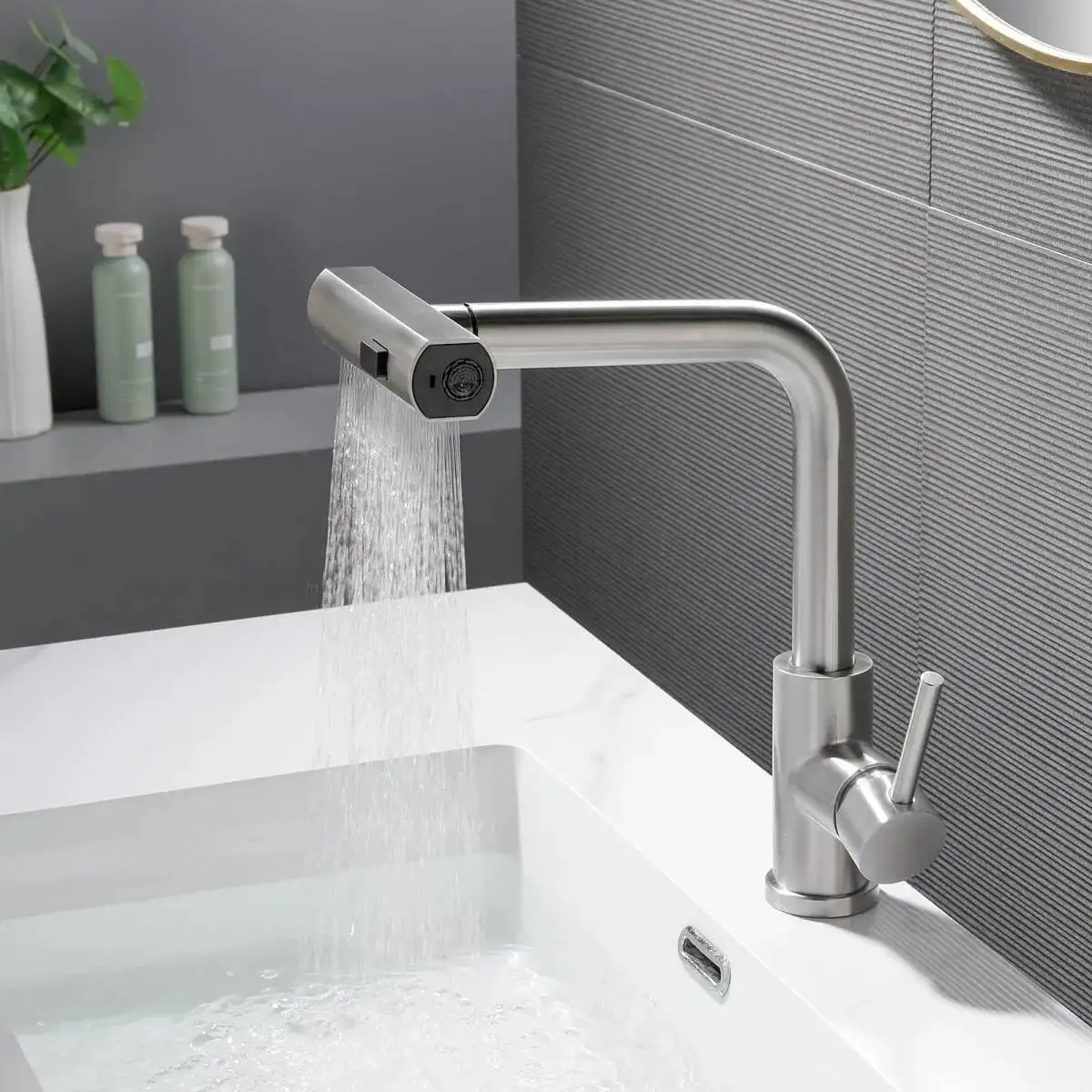 

360° Rotating, 3-Mode Waterfall Pull-Out Faucet, Suitable For Kitchen Sinks, Made Of Stainless Steel.