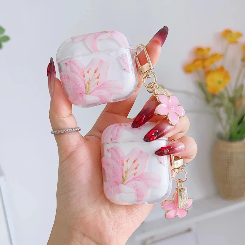Cute Pink Lily Flowers Earphone Cases For AirPods Pro3 Protective Shell Soft Case For AirPods 1/2/3/4 Pro 2 Cover With Keychain - view 2