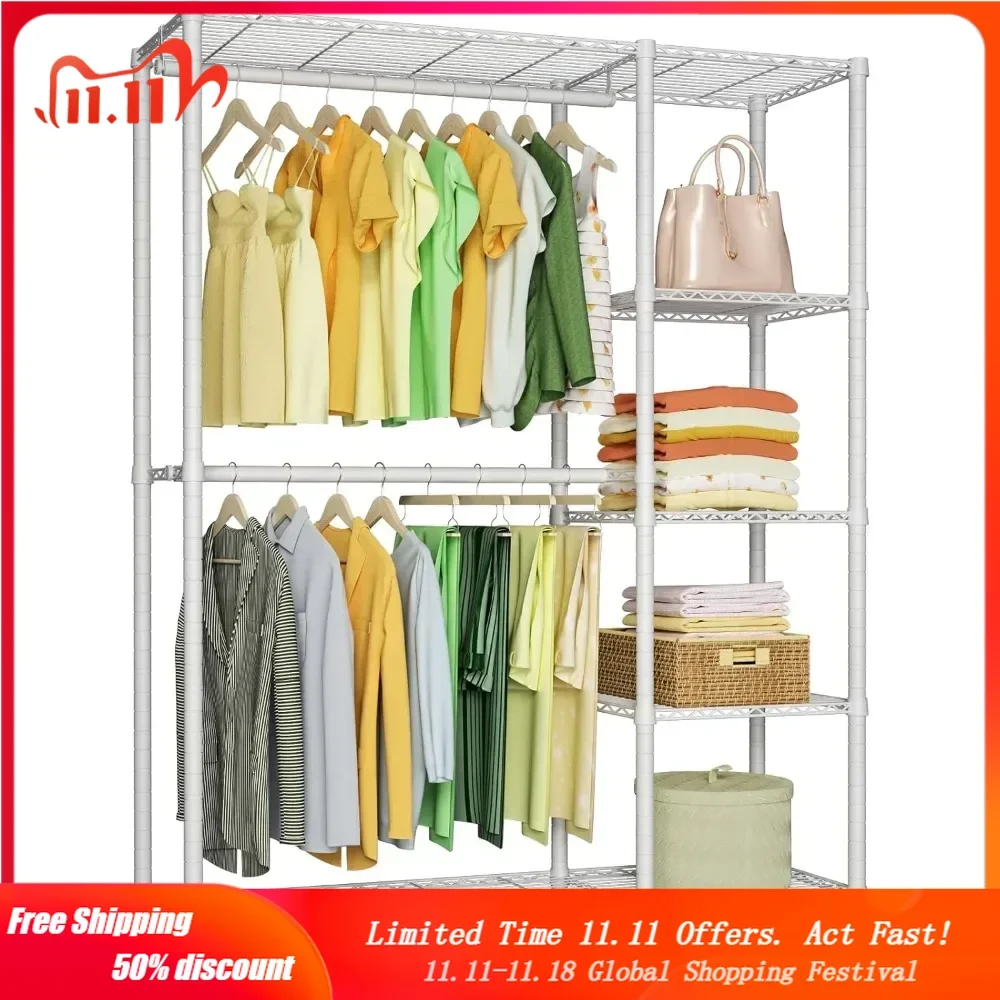 

Closet Garment Rack, 5 Tiers Freestanding and Height Adjustable Heavy Duty Clothes Storage Organizer with 2 Hanger Rods