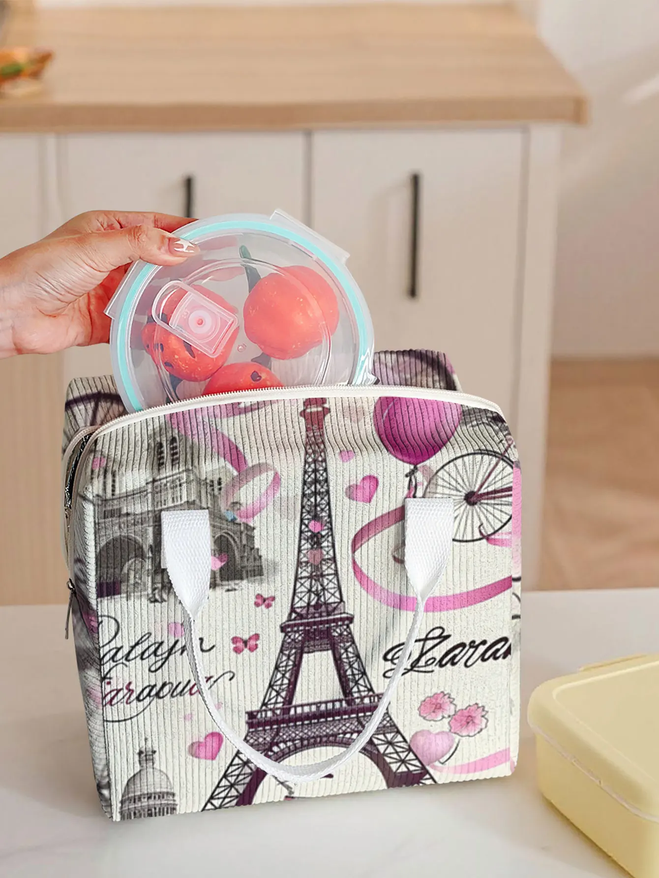 Vintage Paris Tower Floral Heart Thermal Lunch Box Handbag Waterproof Portable Food Cooler Bag