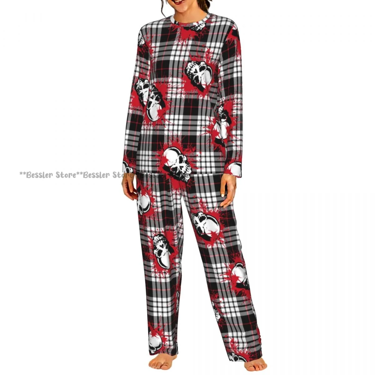 Ladies Soft Pajamas Set Skull Paint Round Neck Long Sleeve Long Pants Casual Loose Homewear