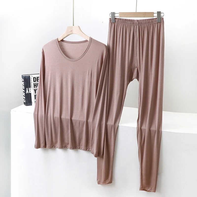 Men's Modal Thermal Underwear Set Slim Fit round Neck Base Layer Shirt And Pants Two-Piece Thin Warmth Home Clothes