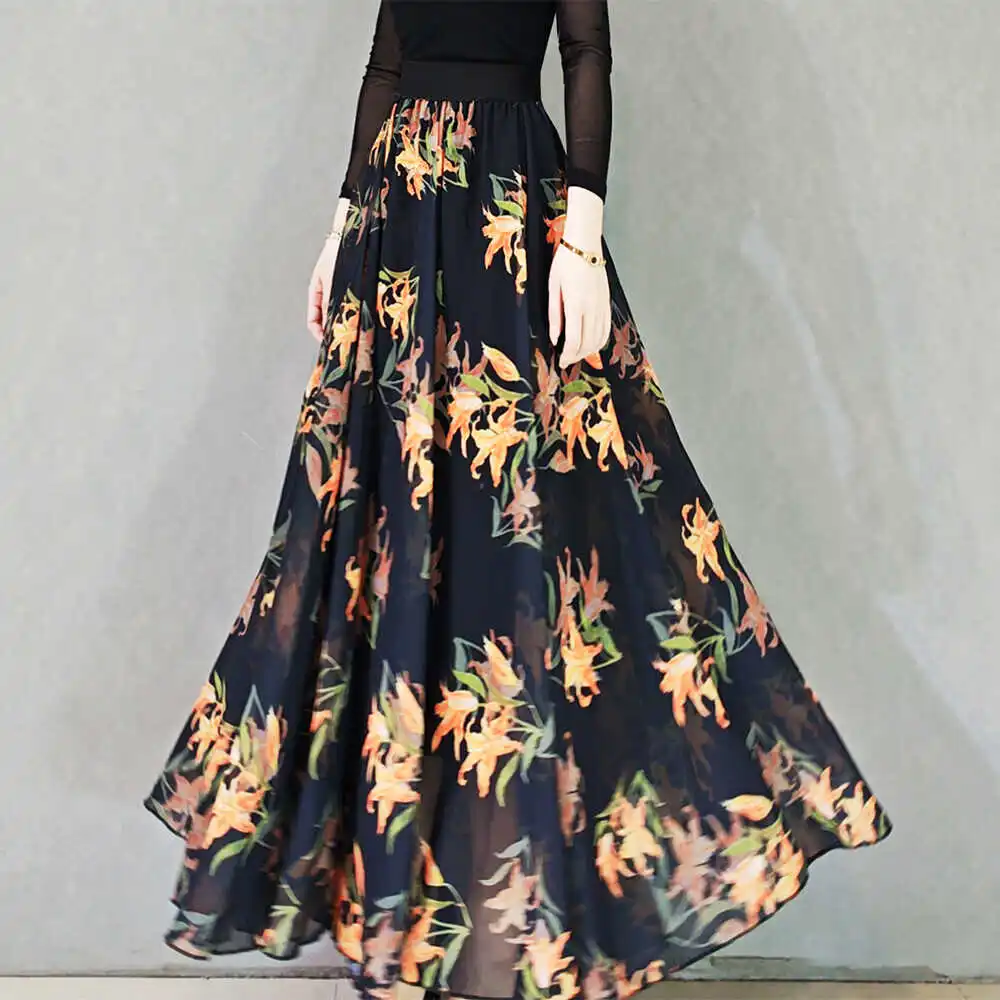 

Summer Vintage Print 360 Deee Flounce Skirt High Waist Long Skirt Women's Sle Square Dance National Dance Chiffon Skirt