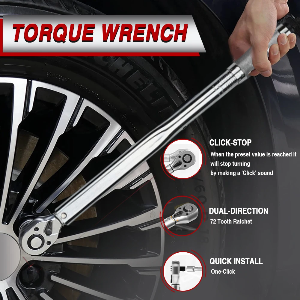 

1/2-Inch Drive Click Torque Wrench Professional Torque Wrench Metal Click Torque Wrench Bicycle Repair Tool for Car Repair