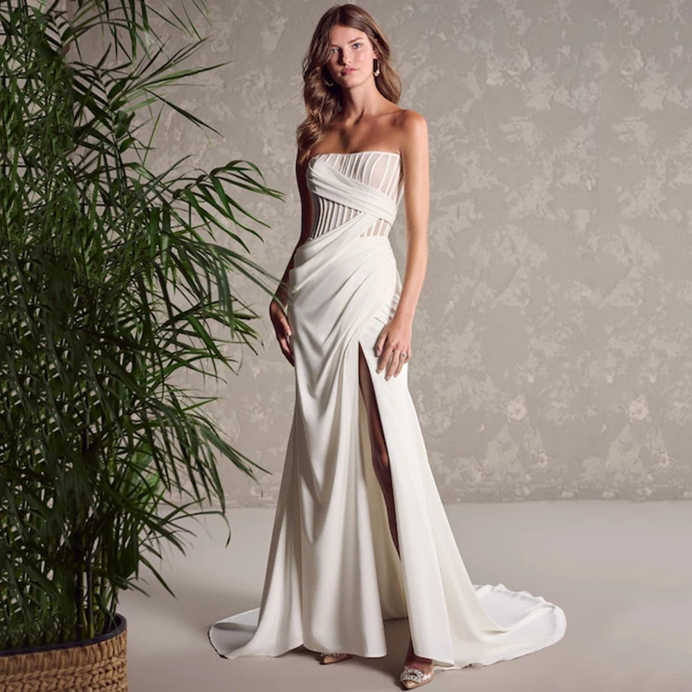 Charming Pleat Strapless Wedding Dress Sexy Side Slit Mermaid Floor Length Open Back Women Sweep Train Zipper Custom Gowns