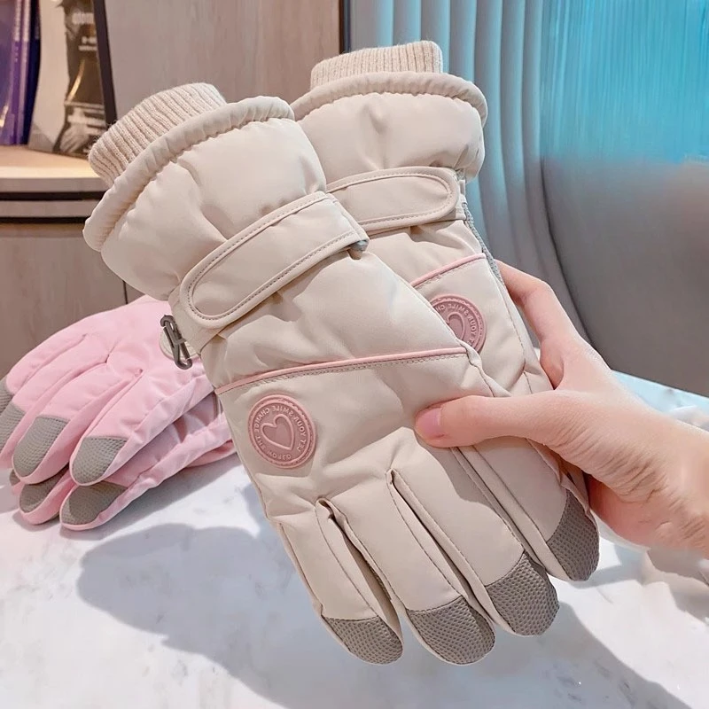 Touchscreen Winter Ski Gloves for Women with Anti-Lost Buckle Outdoor Cold-Proof Thickened Fleece Warm Riding Gloves