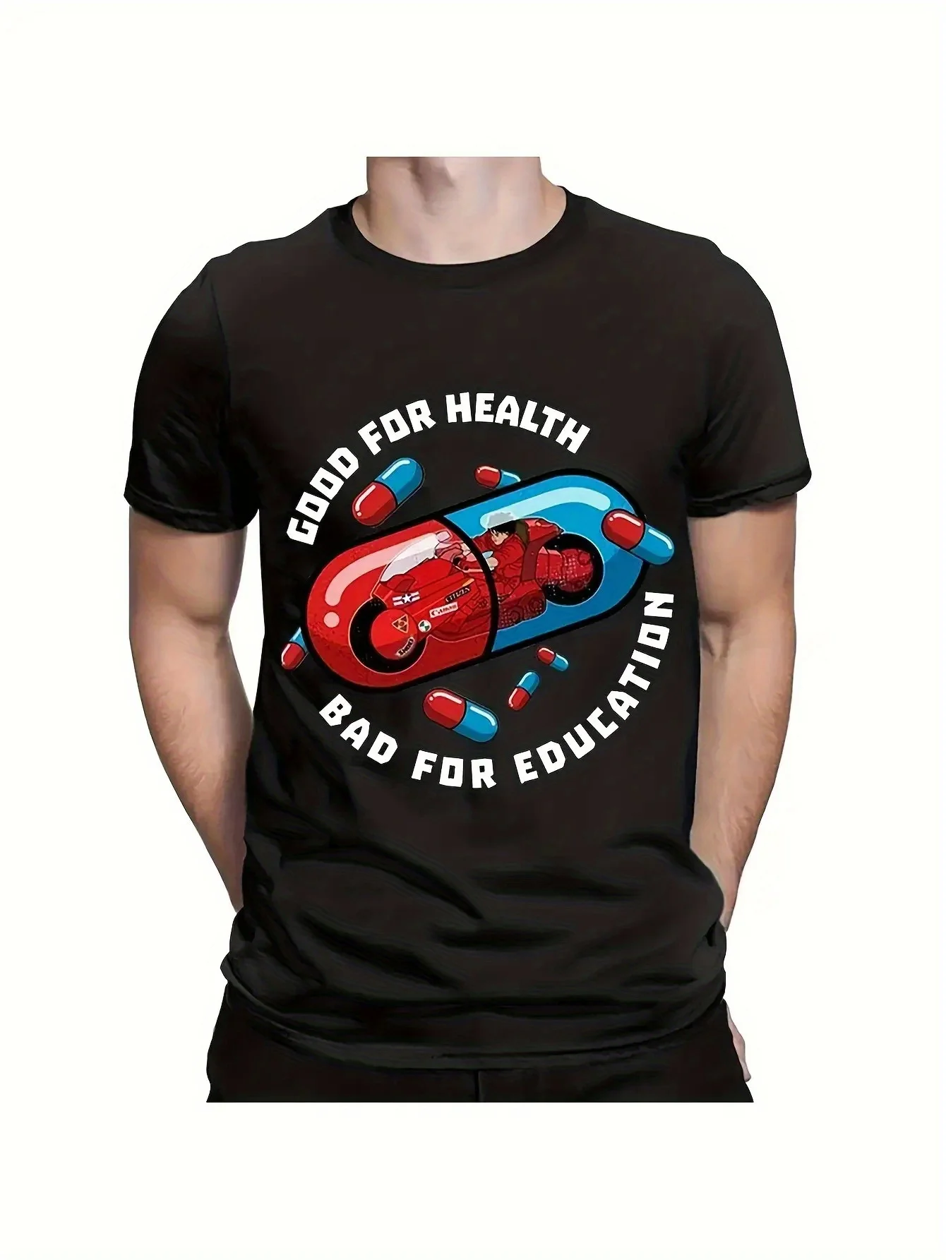 

Men'S Akira Anime Graphic T-Shirt - Retro Harajuku Streetwear Tee with "Good for Health Bad for Education"