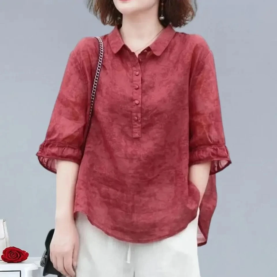 

Summer Womens Shirts Jacquard Print Lapel Neckline Half Sleeve Buttons Pullover Tops Loose Fit Thin Solid Color Lady Shirt Tops