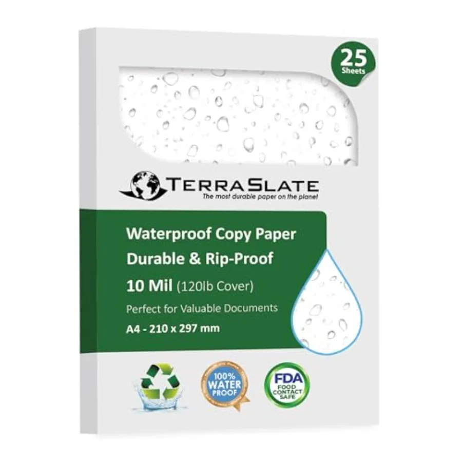 

TerraSlate Waterproof and Rip-Proof Printer Paper, 10 MIL, A4 210 x 297 mm, White Paper, 25 Sheets