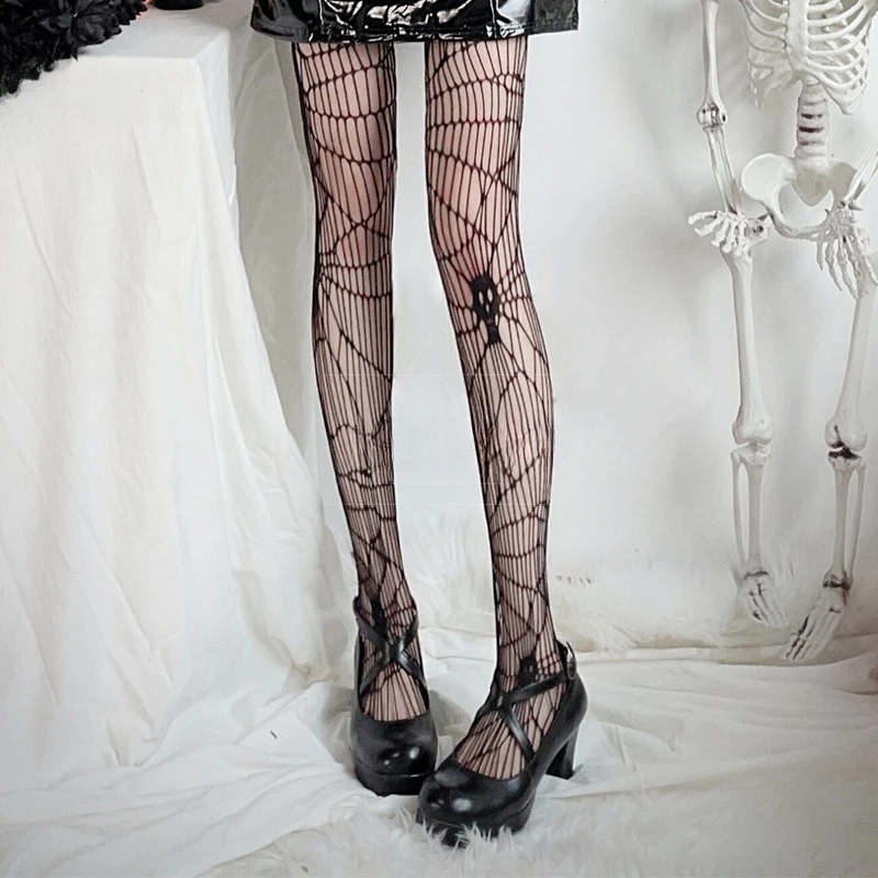 Halloween crâne toile d'araignée chaussettes grande gothique sorcière foncée longue sangle Sexy fille chaude filet de pêche