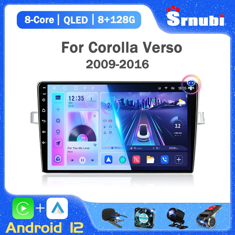 

Srnubi 9" Android 12 Car Radio Stereo for Toyota Corolla Verso 2009 - 2018 Multimedia Player Carplay Navigation 2 Din Head Unit