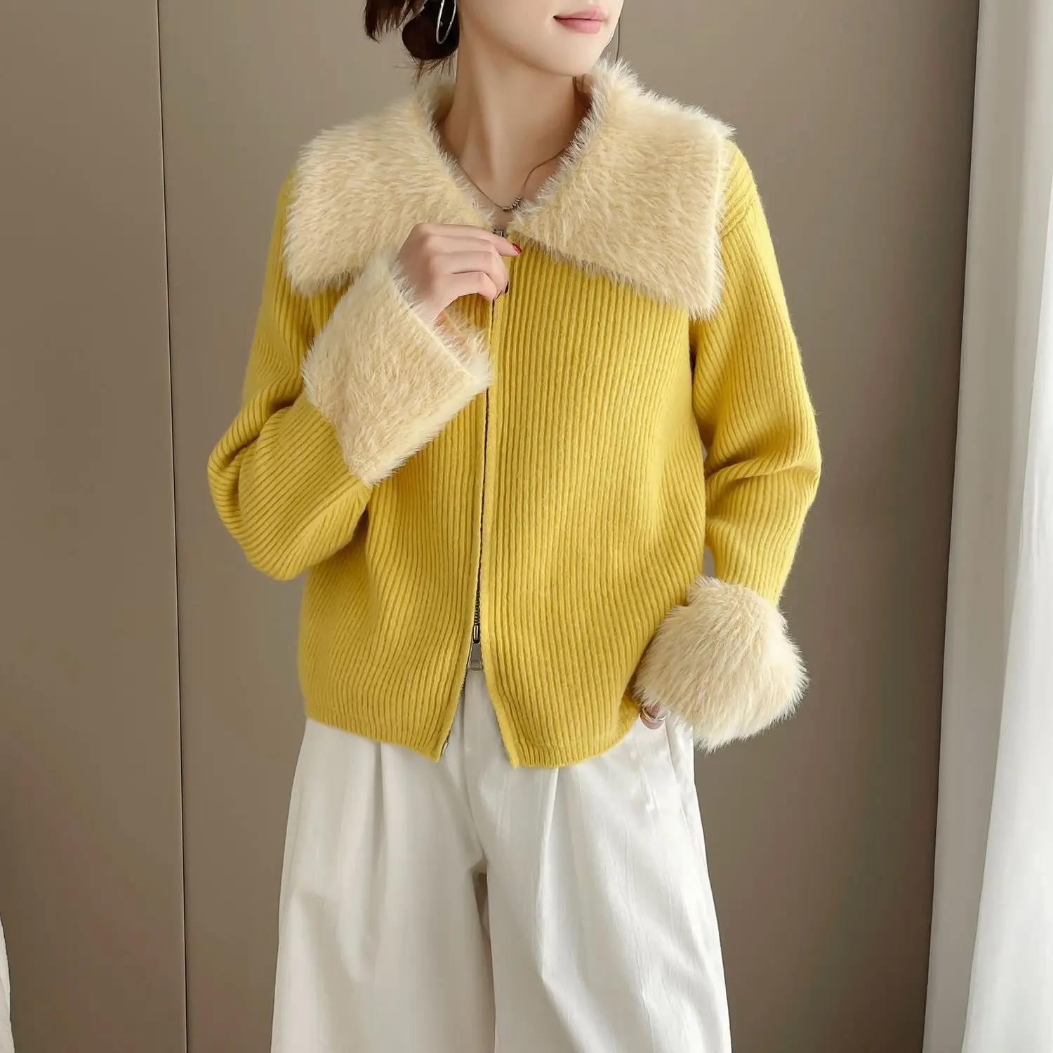 

Zipper Lapel Collar Sweater Cuff Splicing Sweater Autumn Winter Short Contrasting Color Premium Knitted Top Cardigan