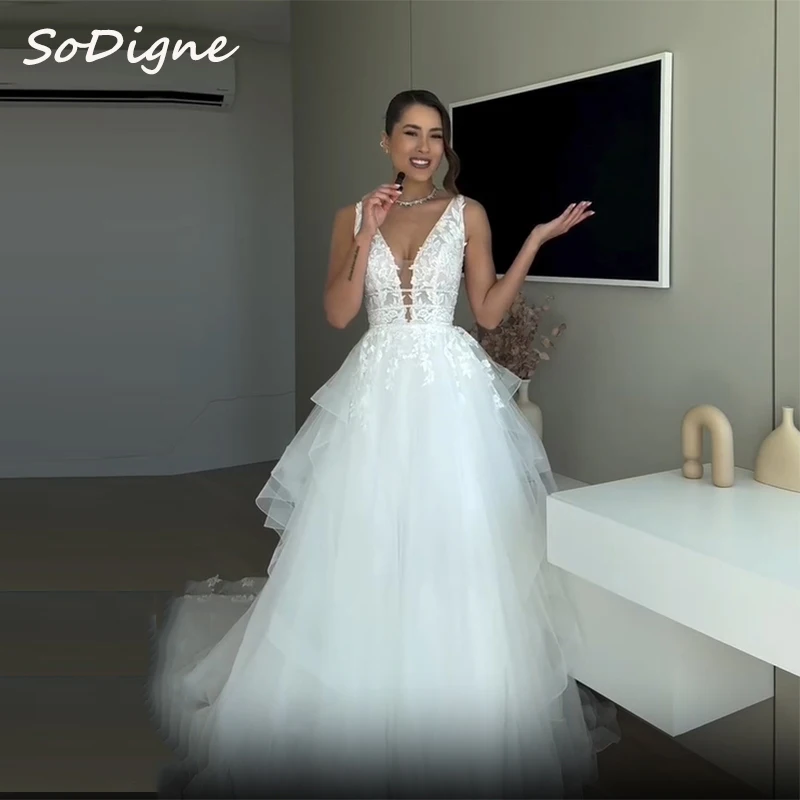 

SoDigne A-line Tulle Wedding Dresses V-neck Sleeveless Appliques Bridal Dress Long Wedding Gown Robe De Mairee ﻿Customized