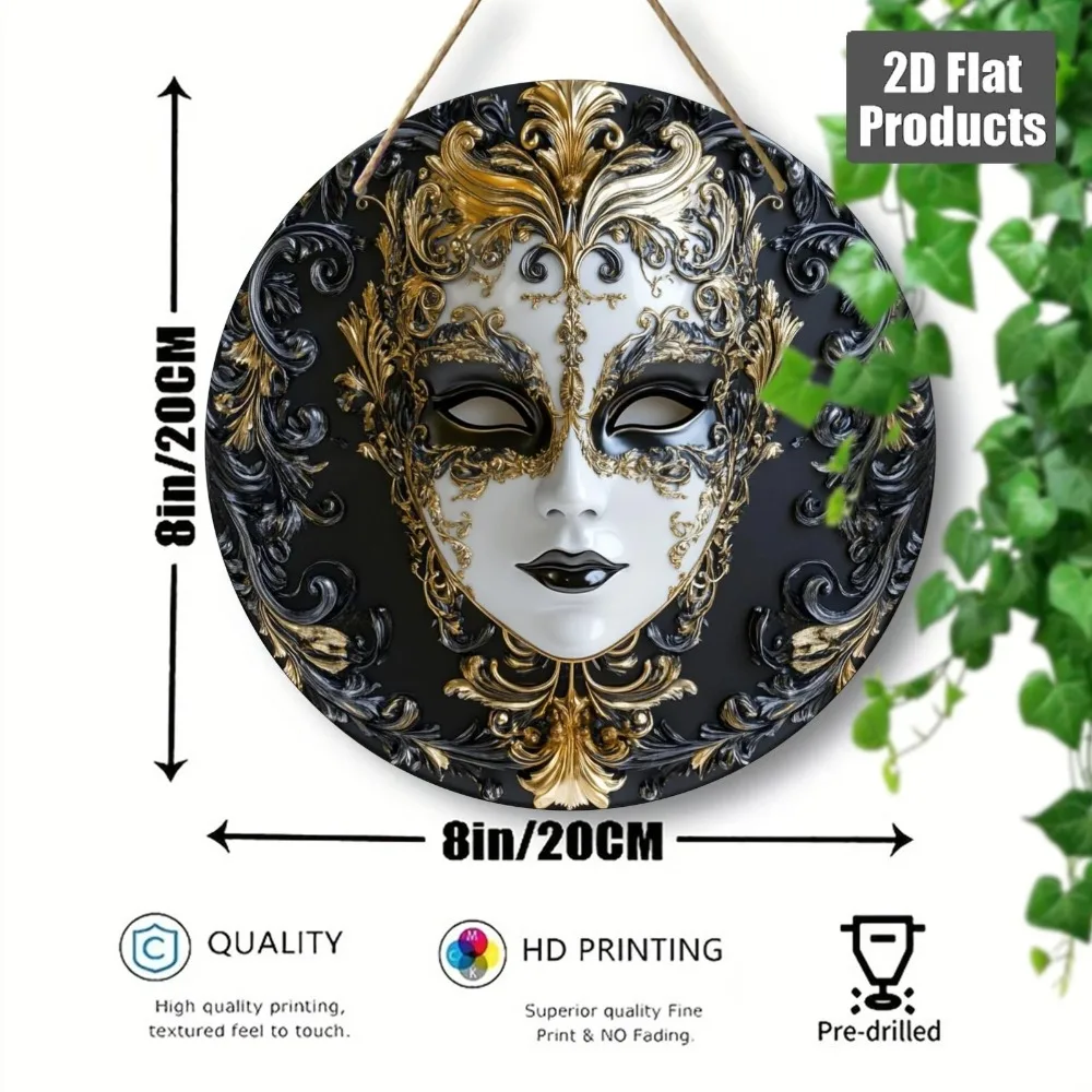 Carnival Mask Wall Decor Retro 2D Wooden Sign Black Gold Swirl for Home Office