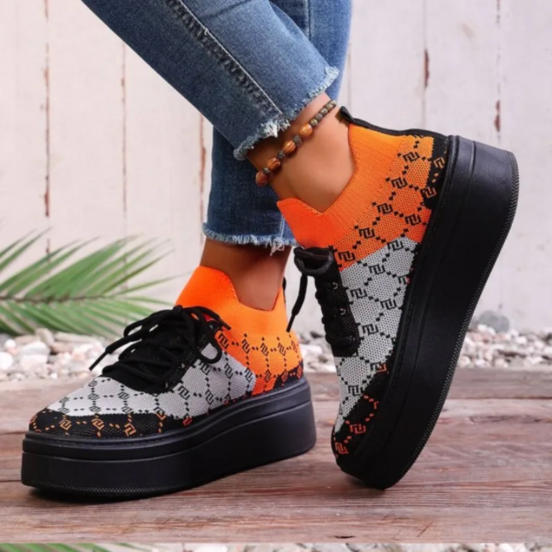 Спортивная обувь на плоской подошве, женские сетчатые вязаные дышащие удобные кроссовки на шнуровке с круглым носком, женские одинарные туфли на толстой подошве