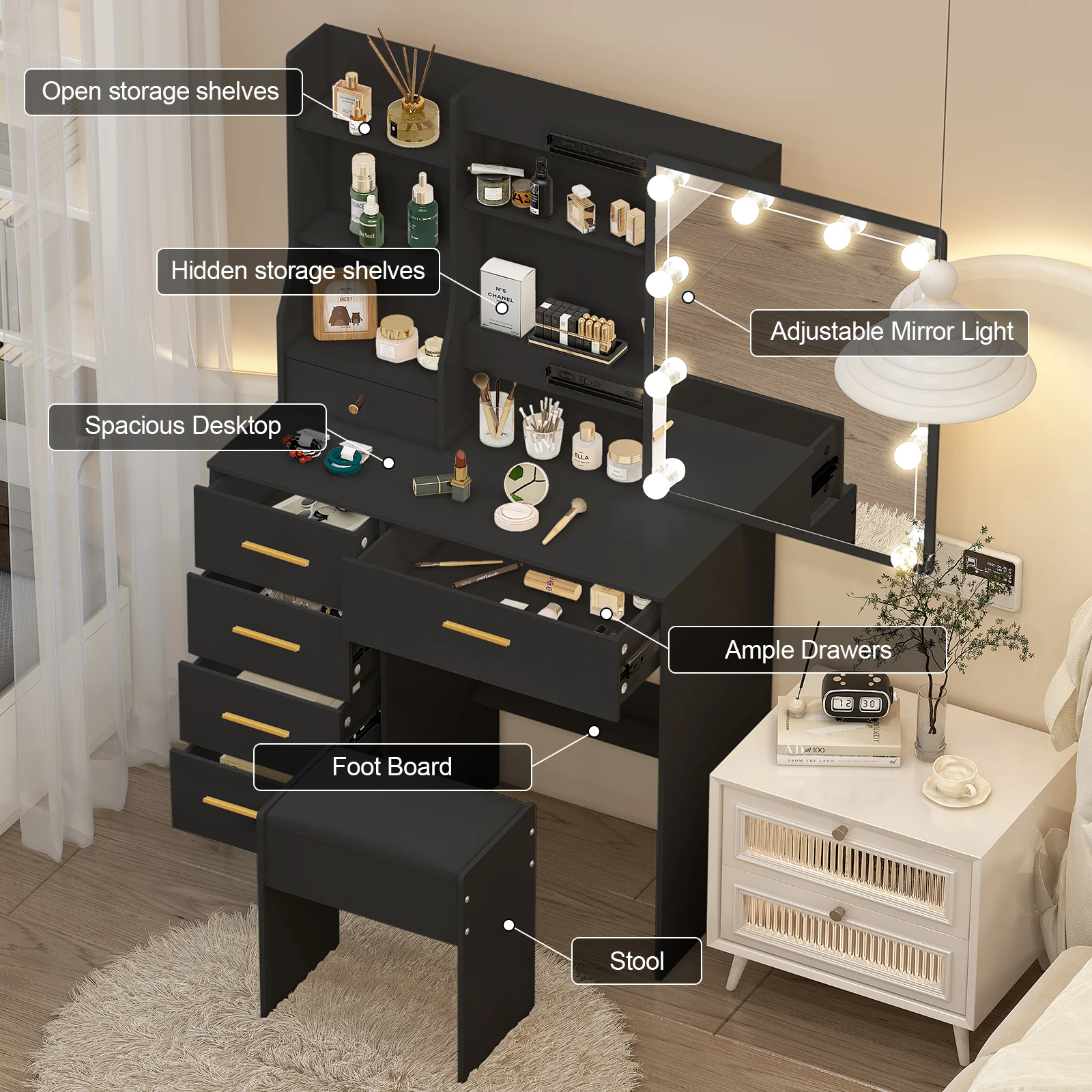 طقم طاولة تزيين مع كرسي مبطن بمرآة مكون من 6 أدراج للمكياج وغرفة النوم #2