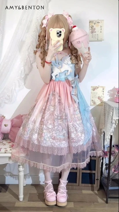 

2025 Summer New Sweet Cute Cloud Amusement Park Lolita Pink Blue Bow Lace Sleeveless Cartoon Print Mid-Length Dress