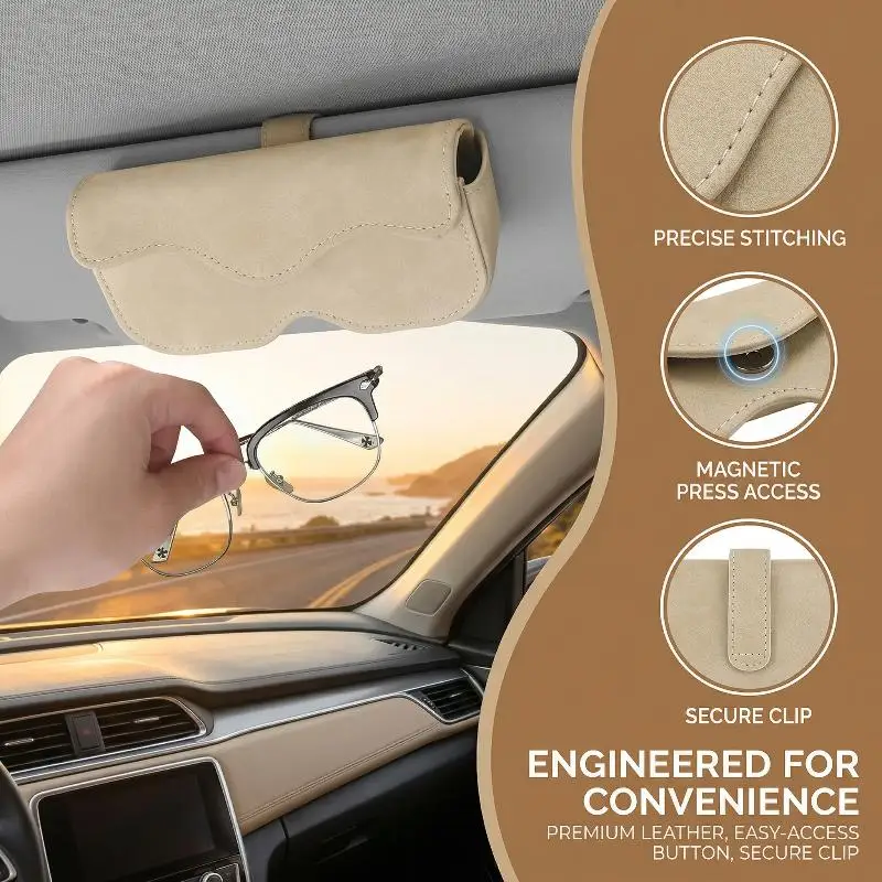 Suede Leather Car Eyeglass Case Automatic Closing Non-slip Auto Sun Visor Glasses Holder Magnetic Multi-functional Eyewear Clips