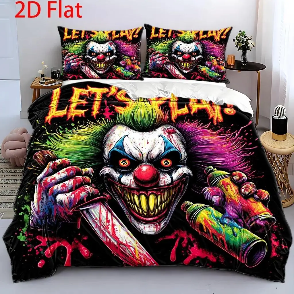 3Pcs Duvet Cover Set, 1Pc Duvet Cover and 2Pcs Pillowcases (Filling Not Included) 2D Flat Printing, T-Shirt, Horror Clown Theme