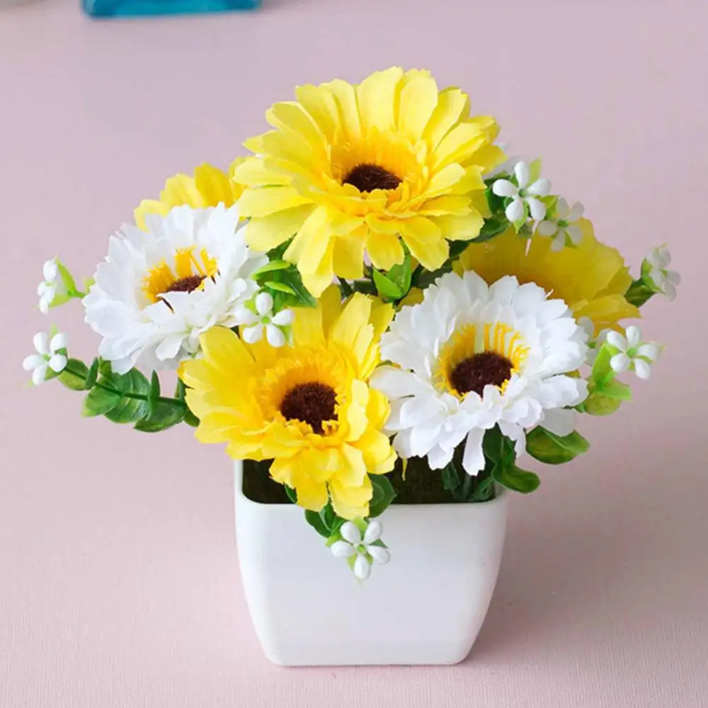 2022 Artificial Plants Potted Flower Bonsai Fake Chrysanthemum Flower Gypsophila Wood Pot Bonsai Home Garden Wedding Party Decor