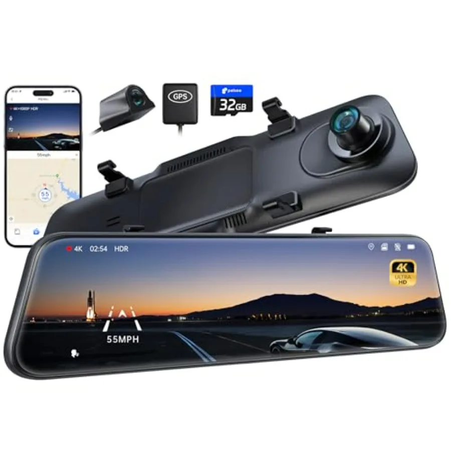 

P12 Pro 4K Mirror Dash Cam with ADAS and BSD 5.8GHz WiFi 20MB/s Download Rear View Mirror Camera 4K Front and 1080P Rear Voice