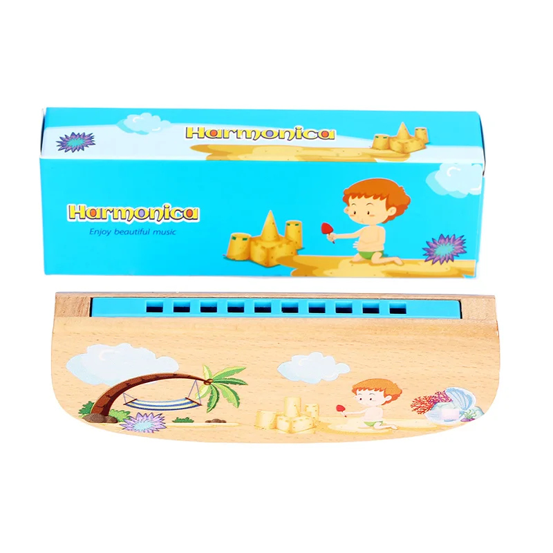 Bee 10 hole colorful wooden harmonica with cute cartoon picture Toy Musical instrument Early Educational Toys for children