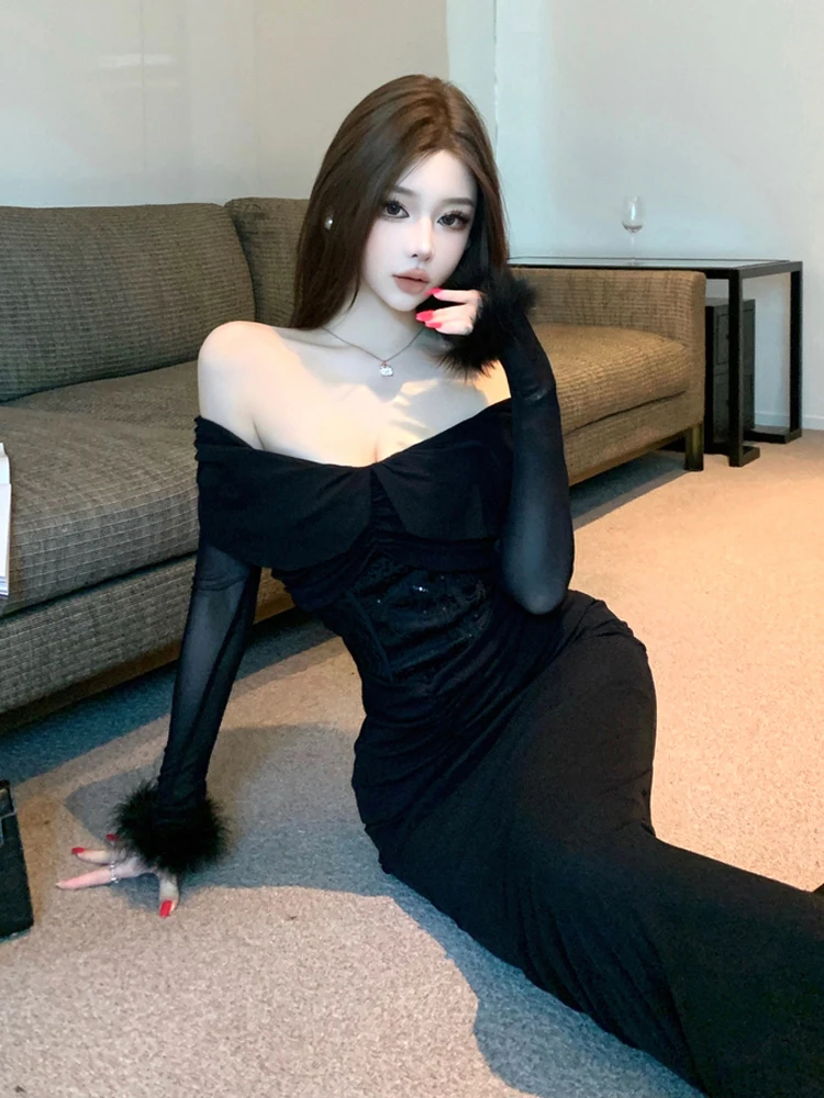 セクシーなY2Kスラッシュネックレースピンクボディコンドレス、黒のウエストシェイプ、ふわふわ袖のペンシルマーメイドヘムドレス、パーティー、プロム、ベスティドス、ローブ