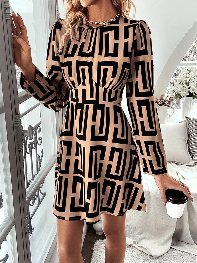 Women 2024 Fashion Casual Geometric figure Print Mini Dress A-lined Long Sleeve Pleated Round Neck Vintage Dress Female Skirt