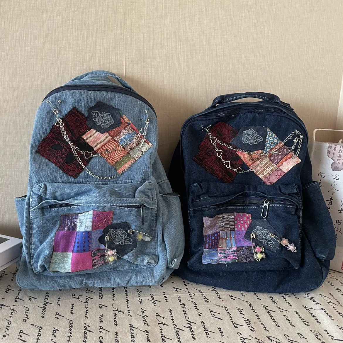 

Women Fashion Washed Retro Backpacks Y2K Patch Travelling bags Leisure Student School Bag Denim Backpack