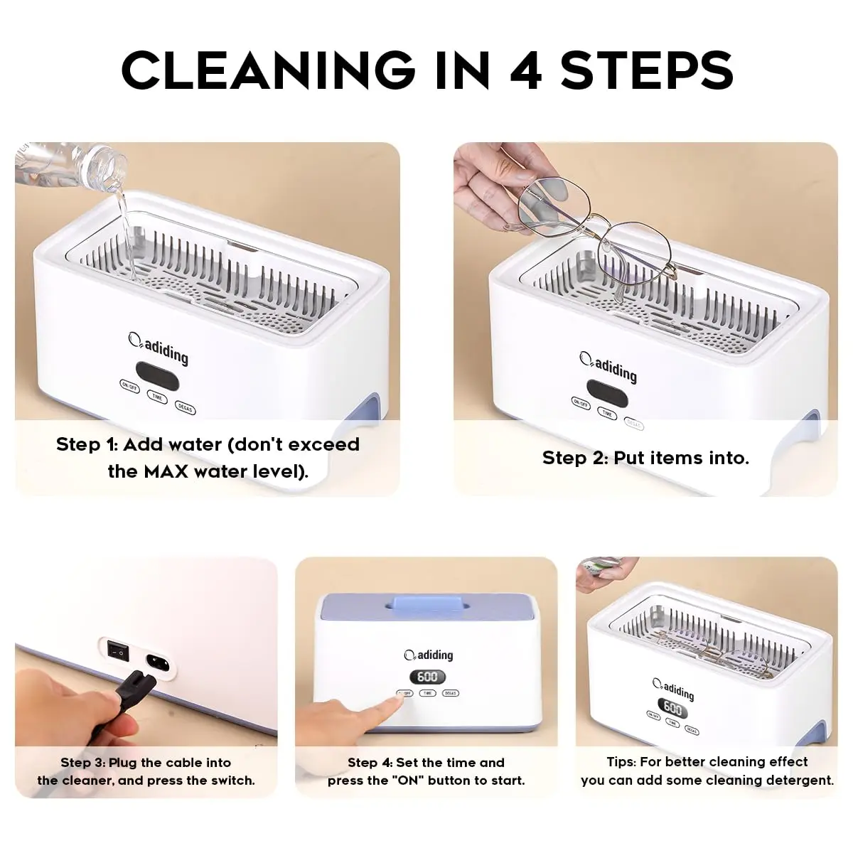 Sonic Jewelry Cleaner 1000mL with 5 Modes & Degassing for Rings, Earrings, Glasses, Coins - Blue