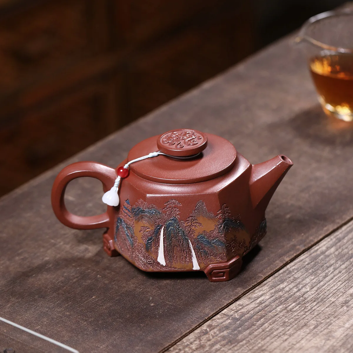 Handmade Guarantee Half-Handmade Yixing Purple Clay Pot Ore Red Falling Slope Full Carved Painted Landscape Three-Legged Stand