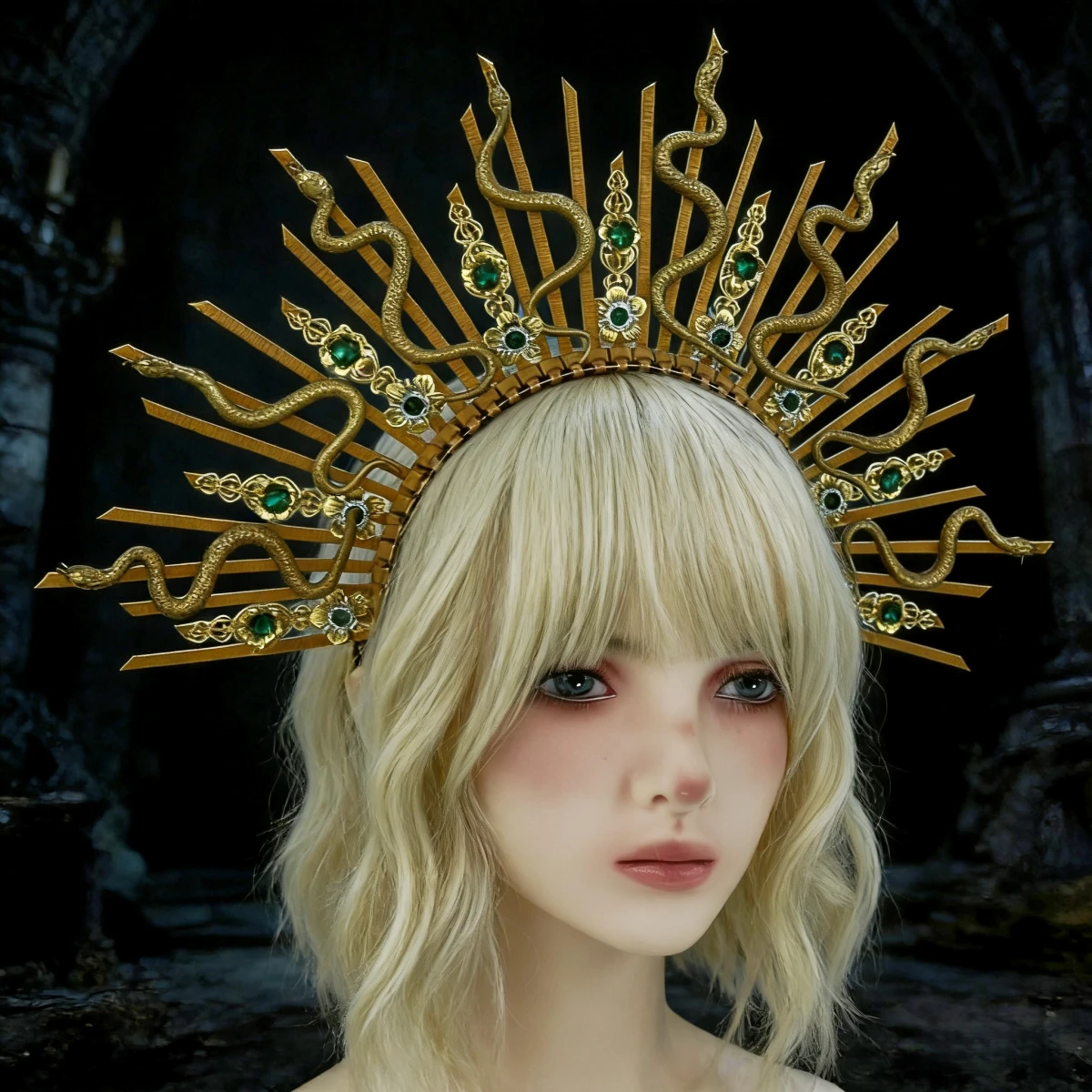 Neue Lolita-Krone Sonnengott-Stirnband Gotischer Teufel Gold COSPLAY Kopfschmuck Schlange der Jungfrau Maria Halloween-Kostüm-Accessoires – Detail 2