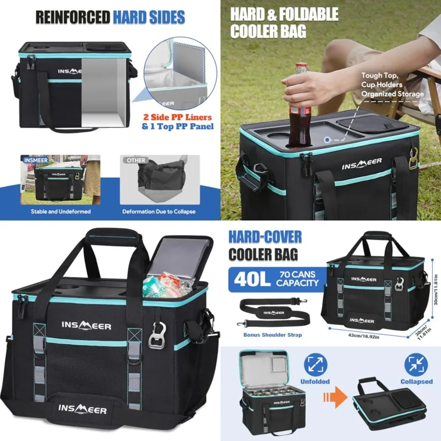 

Soft Cooler Bag with Hard Shell 2 Cup Holders, Portable 40L/70 Cans Collapsible Cooler Bags Insulated with Leakproof for Travel