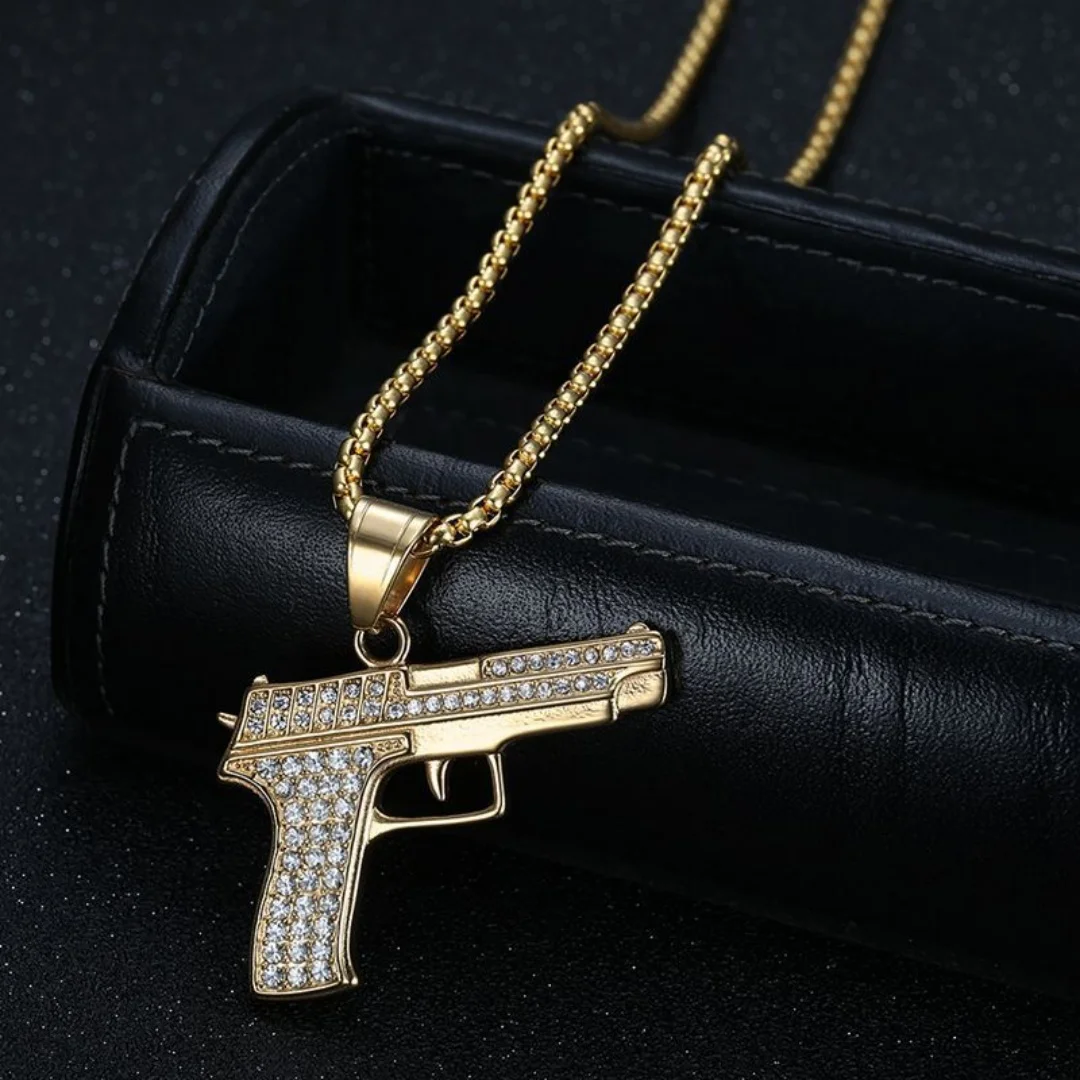 Hip Hop Fashion Pistol Gun Iced Out Bling CZ Pendant Gold Silver Color Stainless Steel Necklace Man Hiphop Military Jewelry Gift