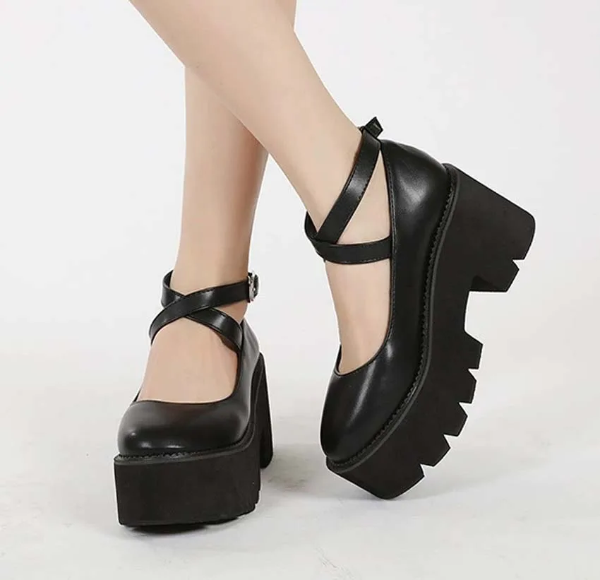 

2025 Cross Strap Women Strappy Toe Pumps Platform Block Thick Wedge Heel Shoes Ankle Wrap Oxfords Casual Cosplay Shoes Plus Size