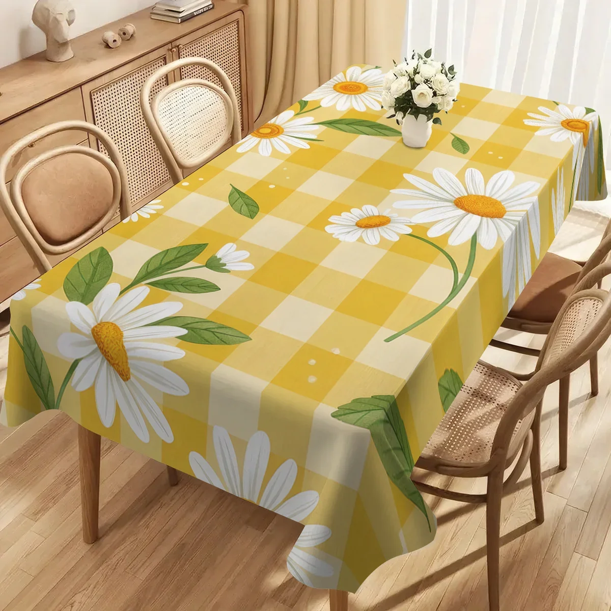 Yellow and white check pattern with lively daisy design print, foldable and easy to store, made of polyester, table covers