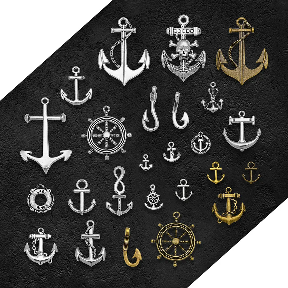 Antique Silver Plated Ocean Anchor Rudder Fish Hook Charms Nautical Pendants For Diy Jewelry Making Findings Craft Wholesale