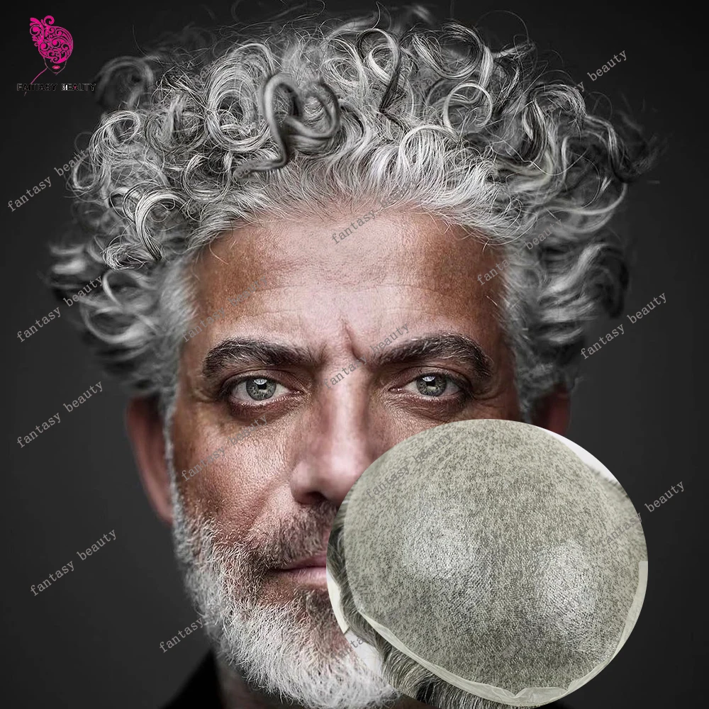 

26mm Curly Invisible Hairline Men Toupee Ultra Thin Skin 0.02mm 80%Density Silicon Pu White Grey 1B80 565# Human Hair Prosthesis