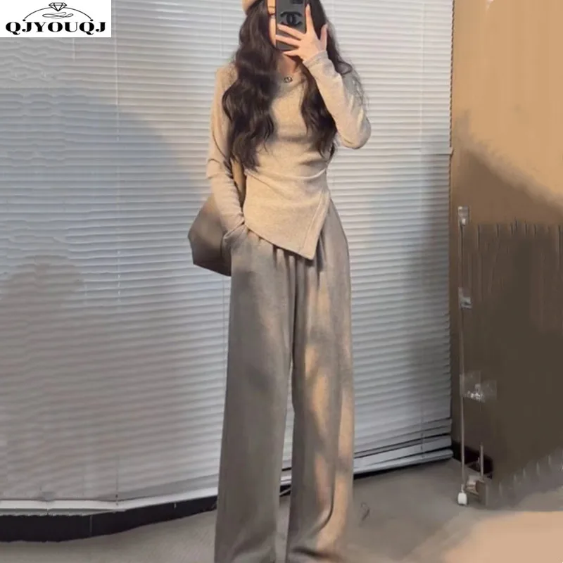 Korean version waist cinching casual slim fit fashionable top irregular straight tube T-shirt and extended pants two-piece set