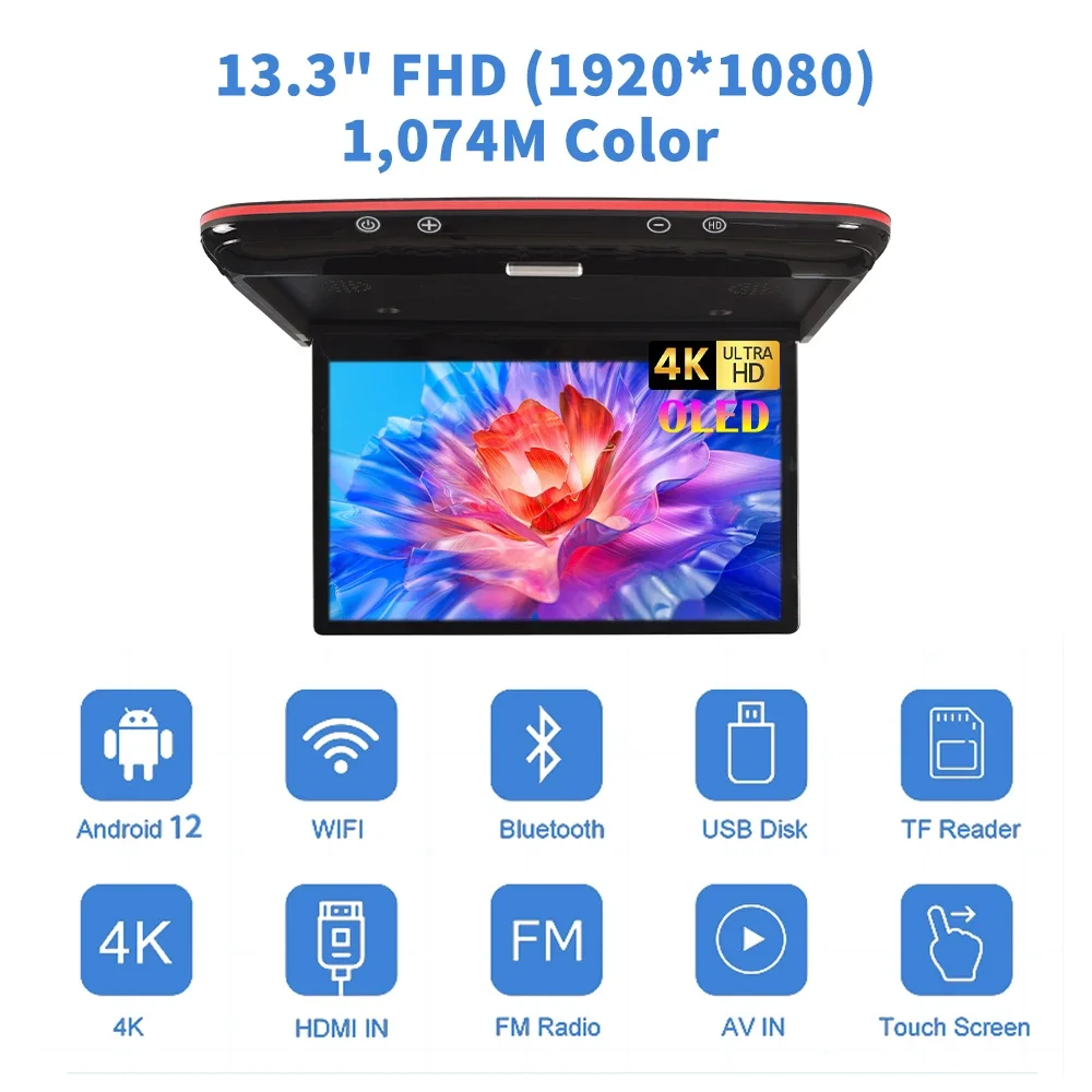 13.3" Android 12 Car Monitor 4K Video HD Digital IPS Touch Screen Car Roof Player FM USB TF HDMI Mirror Link 2GB+32GB