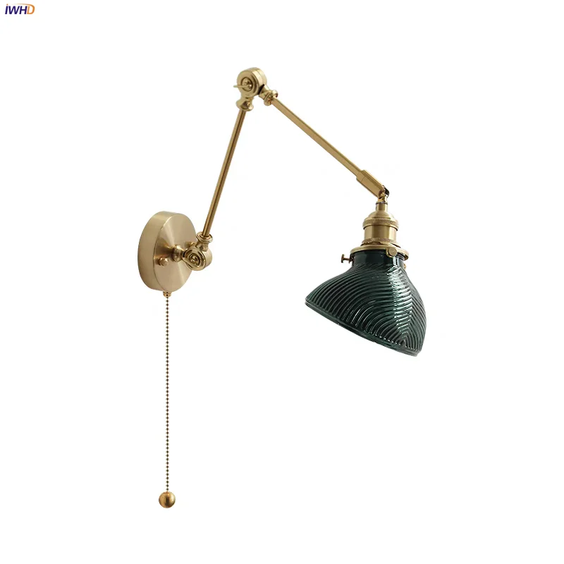 IWHD Glass Green LED Wall Light Fixture Cafe Porch Vintage Green Pull Chain Switch 2 Swing Arms Bedside Lamp Sconce Aplique Pare