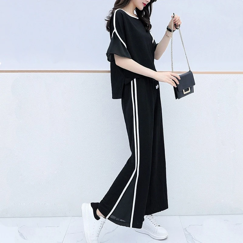 Summer New Large Suit Women's 2023 Korean Short-sleeved T-shirt Wide Leg Pants Two-piece Casual Suit Loose Sports Pants Set