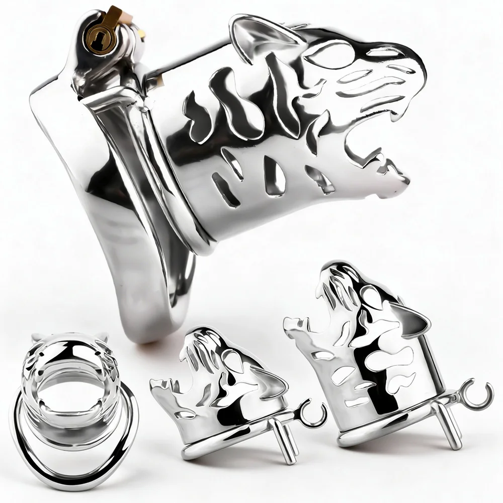 LEZEE 304 Stainless Steel Male Chastity Cage Leopard Head Shape Penis Cages Hollow Cock Lock Device With Anti Escape Ring BDSM